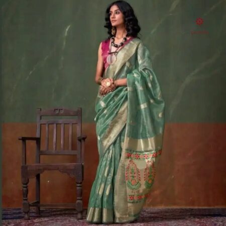 Latest Design Russian Green Zari Woven Tissue Silk Paithani Saree