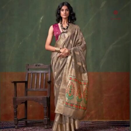Latest Design Tortilla Brown Zari Woven Tissue Silk Paithani Saree