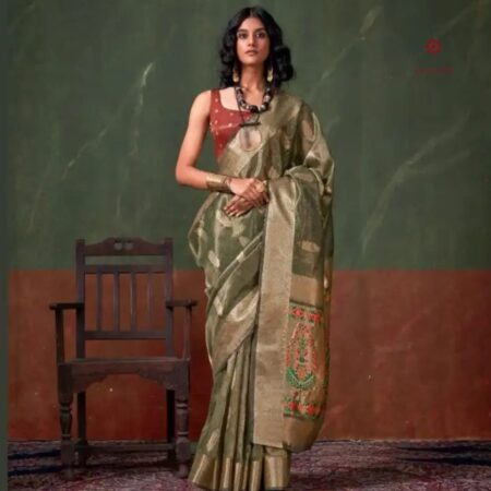 Latest Design Olive Green Zari Woven Tissue Silk Paithani Saree