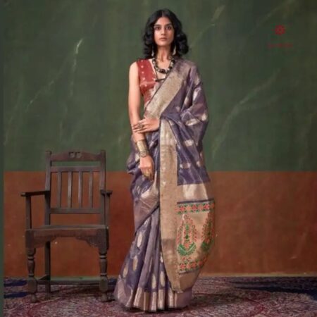 Latest Design Dark Mauve Zari Woven Tissue Silk Paithani Saree
