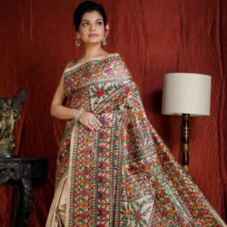 Latest Design Ivory White Tussar Madhubani Hand Painted Saree