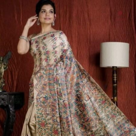 Latest Design Pearl White Tussar Madhubani Hand Painted Saree