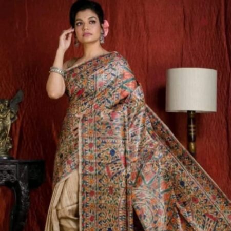 Latest Desgin Shade of Beige Tussar Madhubani Hand Painted Saree