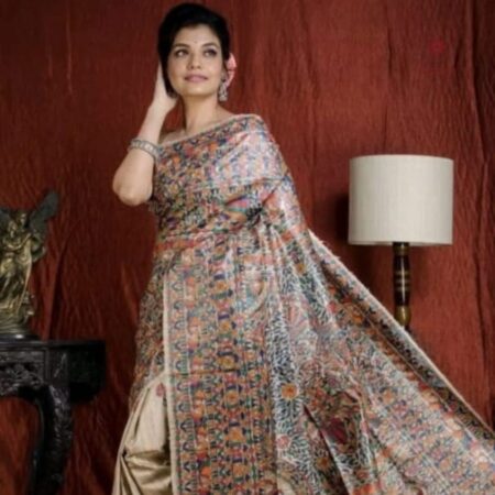 Latest Design Powder White Tussar Madhubani Hand Painted Saree