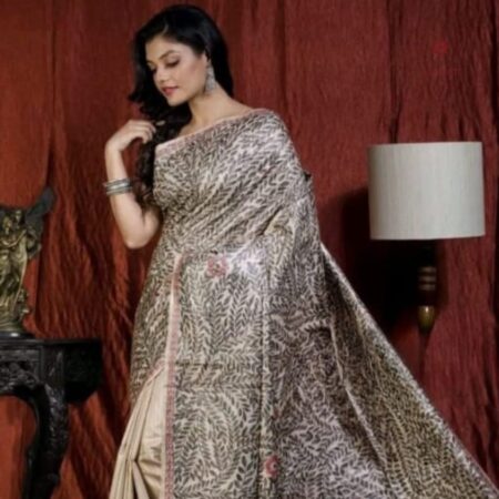 Latest Design Alabaster White Tussar Madhubani Hand Painted Saree