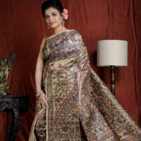 Latest Design Cream Tussar Madhubani Hand Painted Saree