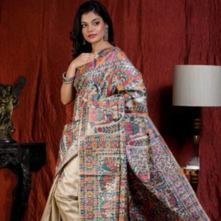 Latest Design Ivory White Tussar Madhubani Hand Painted Saree