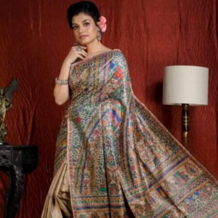 Latest Design Pearl White Tussar Madhubani Hand Painted Saree