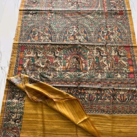 Latest Design Mustard Yellow Tussar Madhubani Hand Painted Saree