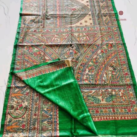 Latest Design Kelly Green Tussar Madhubani Hand Painted Saree