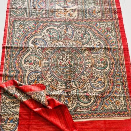 Latest Design Scarlet Red Tussar Madhubani Hand Painted Saree