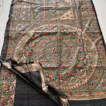 Latest Design Raven Black Tussar Madhubani Hand Painted Saree