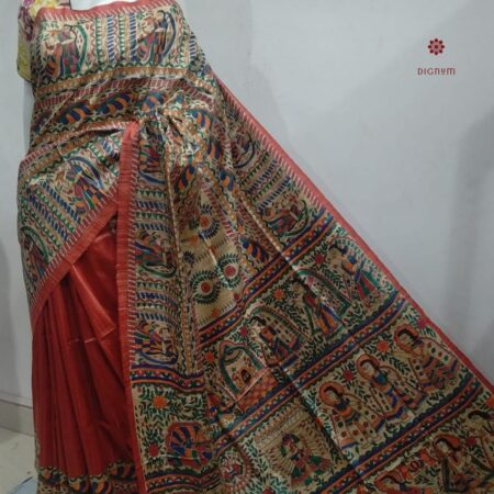 Latest Design Rust Orange Tussar Madhubani Hand Painted Saree