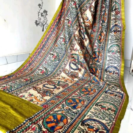 Latest Design Olive Green Tussar Madhubani Hand Painted Saree
