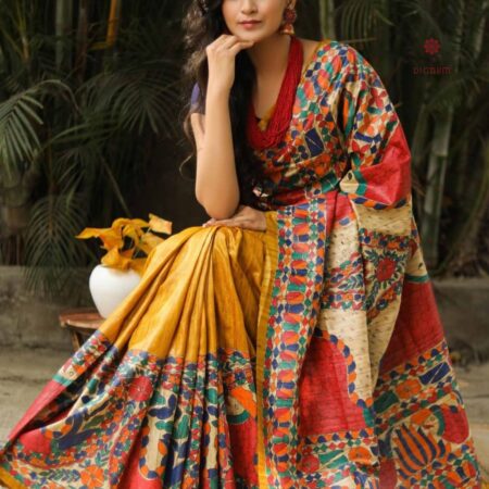 Latest Design Tuscan Yellow Tussar Madhubani Hand Painted Saree