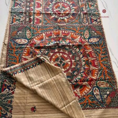 Latest Design Beige White Tussar Madhubani Hand Painted Saree