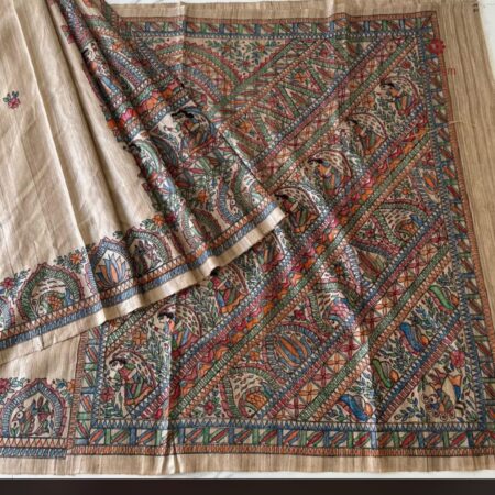 Latest Design Daisy White Tussar Madhubani Hand Painted Saree
