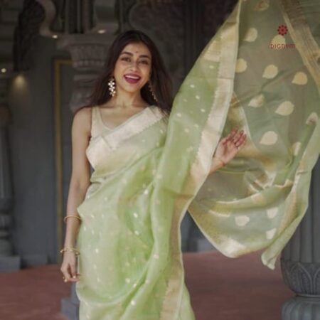 Latest Design Pista Green Woven Banarasi Georgette Saree