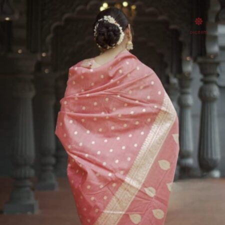 Latest Design Salmon Pink Woven Banarasi Georgette Saree