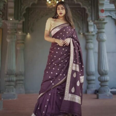 Latest Design Sangria Purple Woven Banarasi Georgette Saree