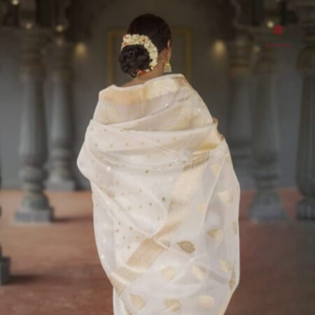 Latest Design Pearl White Woven Banarasi Georgette Saree