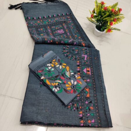 Latest Design Grey Handloom Cotton Printed Saree with Two Blouses