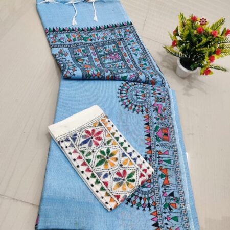 Latest Design Blue Handloom Cotton Printed Saree with Two Blouses