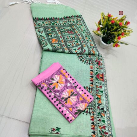 Latest Design Green Handloom Cotton Printed Saree with Two Blouses