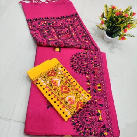 Latest Design Pink Handloom Cotton Printed Saree with Two Blouses