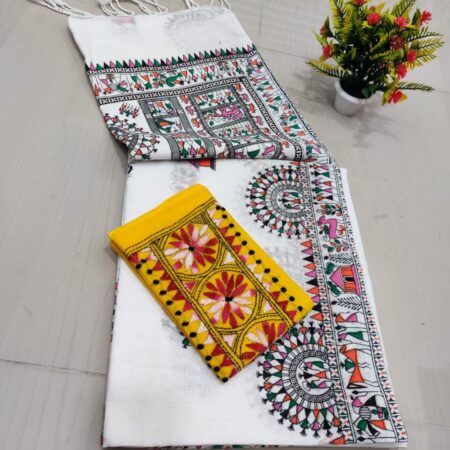 Latest Design White Handloom Cotton Printed Saree with Two Blouses