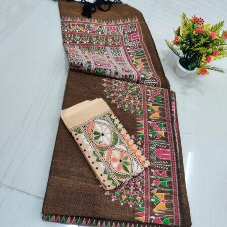Latest Design Brown Handloom Cotton Printed Saree with Two Blouses