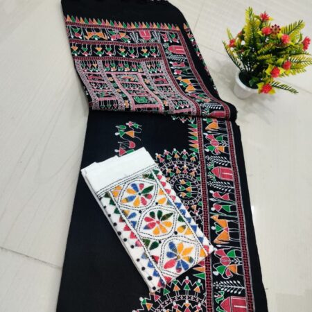 Latest Design Black Handloom Cotton Printed Saree with Two Blouses