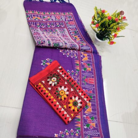 Latest Design Purple Handloom Cotton Printed Saree with Two Blouses