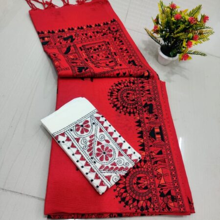 Latest Design Red Handloom Cotton Printed Saree with Two Blouses