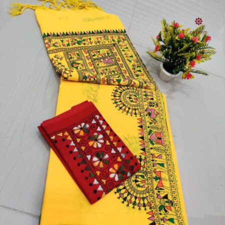 Latest Design Yellow Handloom Cotton Printed Saree with Two Blouses