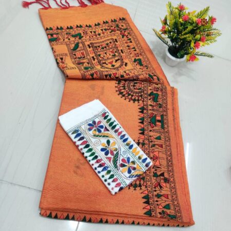 Latest Design Orange Handloom Cotton Printed Saree with Two Blouses