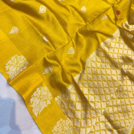 Latest Design Yellow Handloom Pure Katan Silk Banarasi Saree