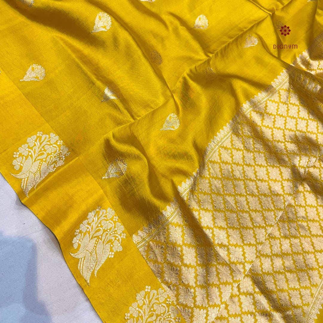 Latest Design Yellow Handloom Pure Katan Silk Banarasi Saree