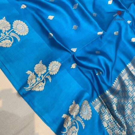 Latest Design Cerulean Blue Handloom Pure Katan Silk Banarasi Saree