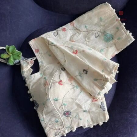 Latest Design Off-White Cotton Blouse with all over Multicolor Thread Embroidery