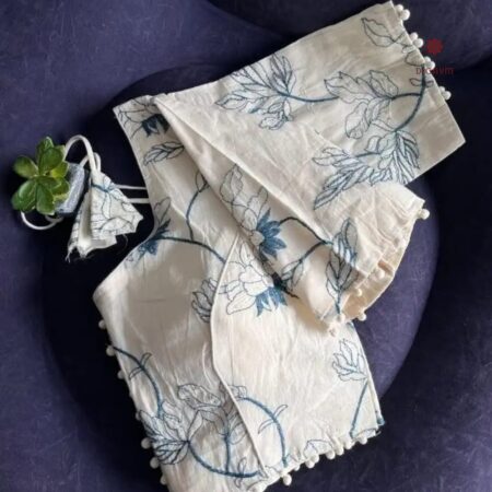 Latest Design Off-White Cotton Blouse with all over Blue Thread Embroidery