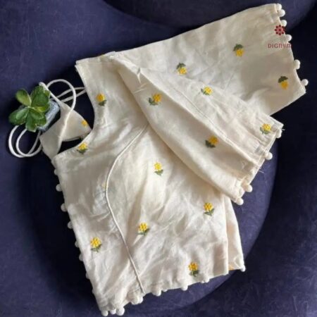 Latest Design Off-White Cotton Blouse with all over Yellow Thread Embroidery
