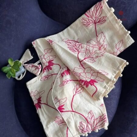Latest Design Off-White Cotton Blouse with all over Pink Thread Embroidery