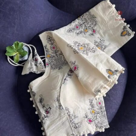 Latest Design Off-White Cotton Blouse with all over Multicolor Thread Embroidery