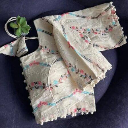 Latest Design Off-White Cotton Blouse with all over Multicolor Thread Embroidery