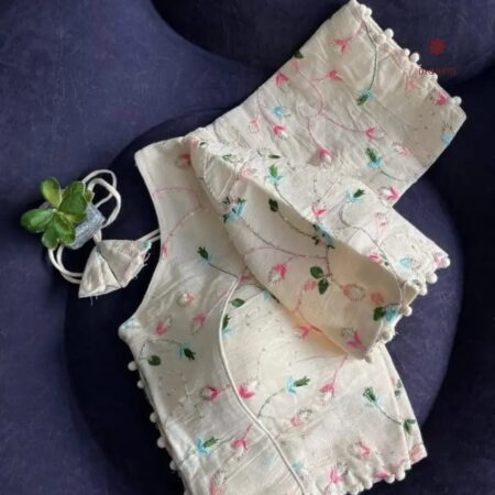 Latest Design Off-White Cotton Blouse with all over Multicolor Thread Embroidery