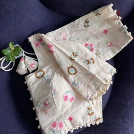Latest Design Off-White Cotton Blouse with all over Multicolor Thread Embroidery