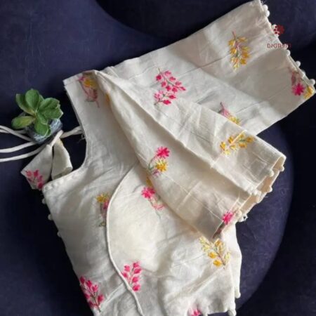 Latest Design Off-White Cotton Blouse with all over Pink Yellow Thread Embroidery