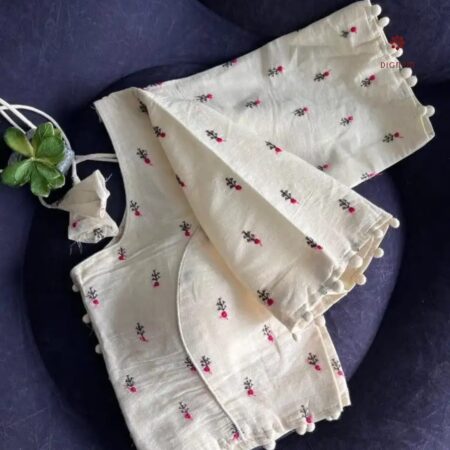 Latest Design Off-White Cotton Blouse with all over Twincolor Thread Embroidery