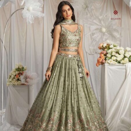 Latest Design Olive Green Designer Embroidered Lehenga Set